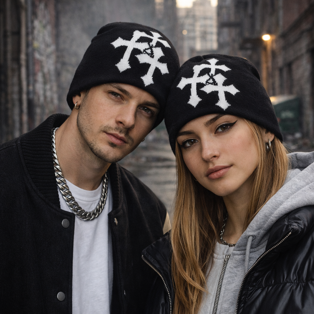 Black Beanie - Triple Cross Design