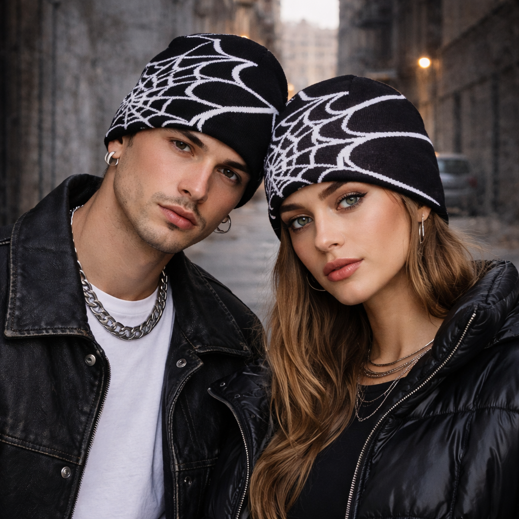 Black Beanie - Spiderweb Design